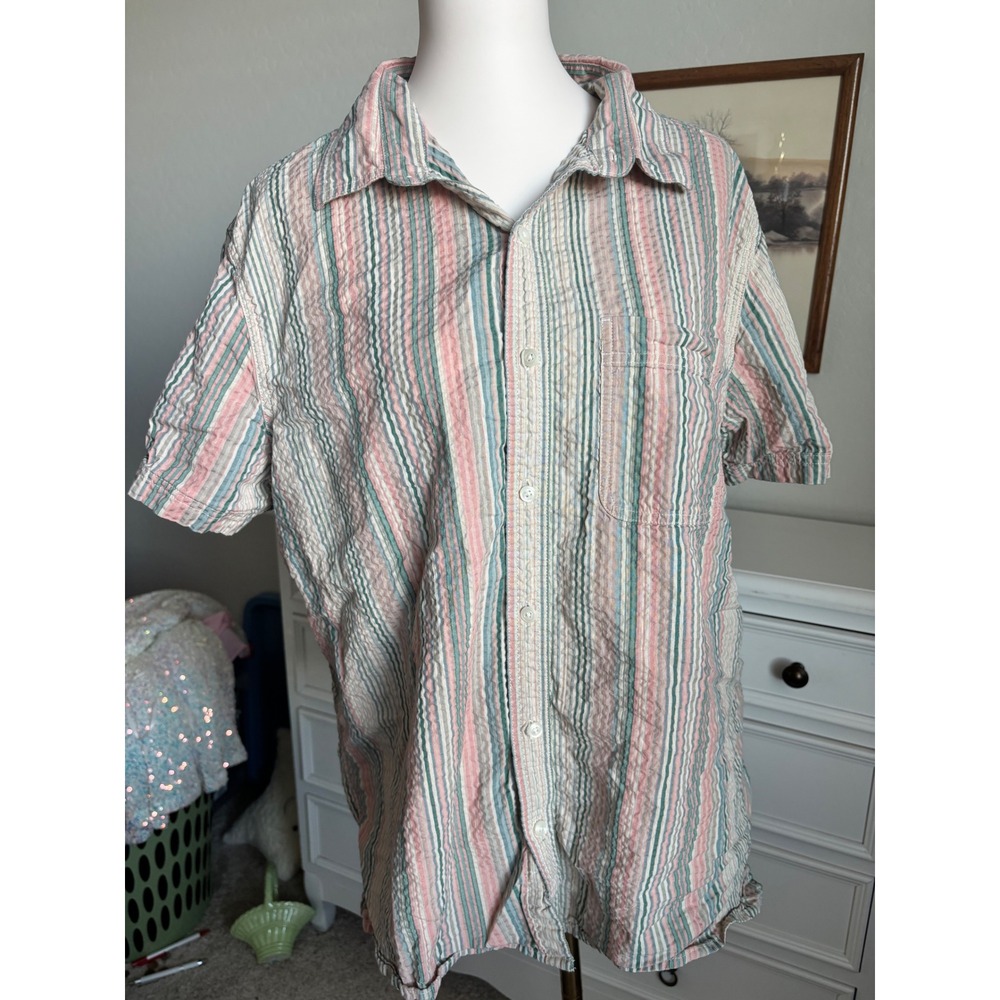 American‎ Eagle Seersucker Striped Short Sleeve Button Down Shirt XL Pink Green